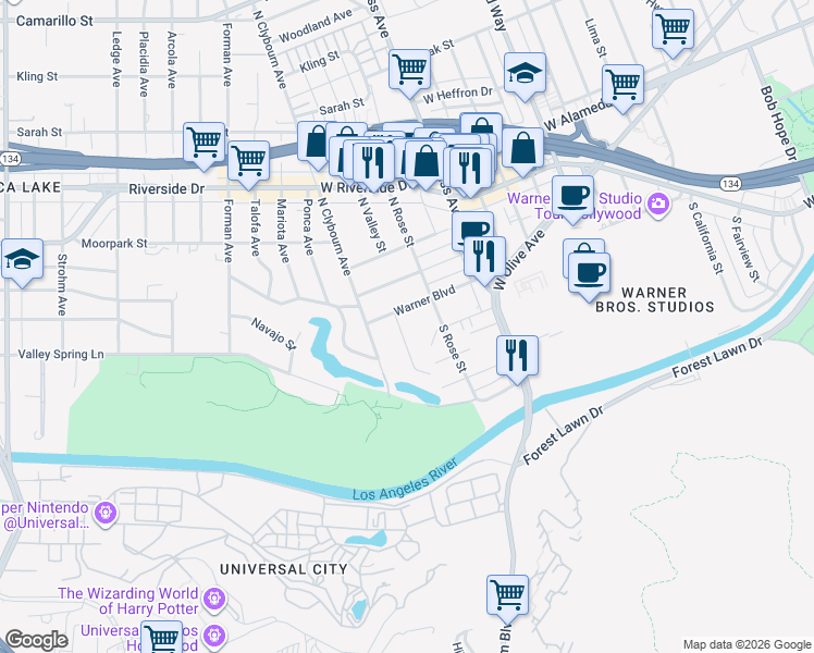 map of restaurants, bars, coffee shops, grocery stores, and more near 112 South Valley Street in Burbank