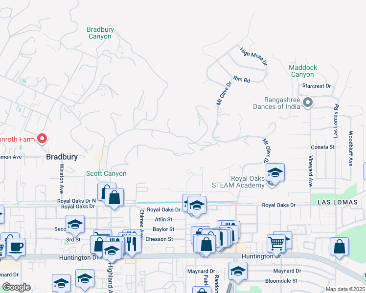 map of restaurants, bars, coffee shops, grocery stores, and more near 17 Bradbury Hills Road in Bradbury