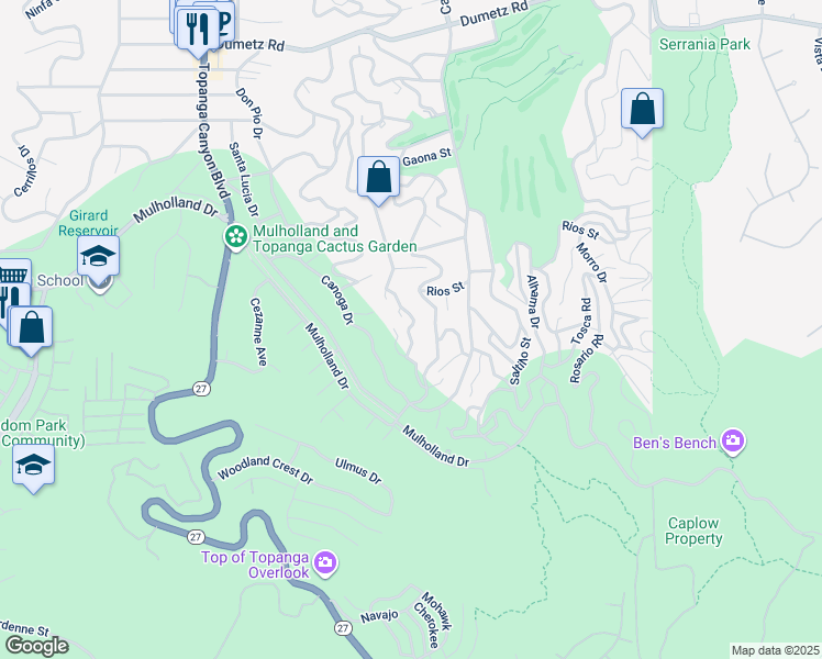 map of restaurants, bars, coffee shops, grocery stores, and more near 21437 Iglesia Drive in Los Angeles