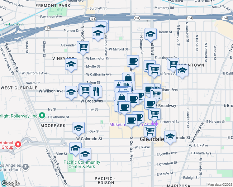 map of restaurants, bars, coffee shops, grocery stores, and more near 346 West Wilson Avenue in Glendale