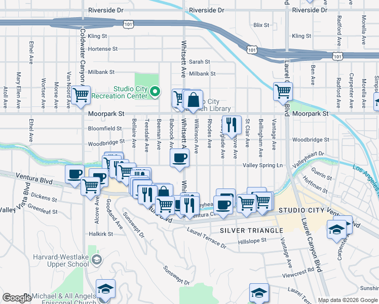 map of restaurants, bars, coffee shops, grocery stores, and more near 4230 Whitsett Avenue in Los Angeles