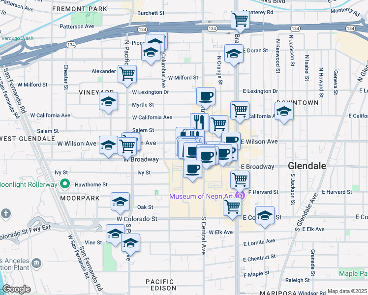 map of restaurants, bars, coffee shops, grocery stores, and more near 346 West Wilson Avenue in Glendale