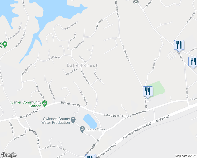 map of restaurants, bars, coffee shops, grocery stores, and more near 5610 Ivy Green Drive in Buford