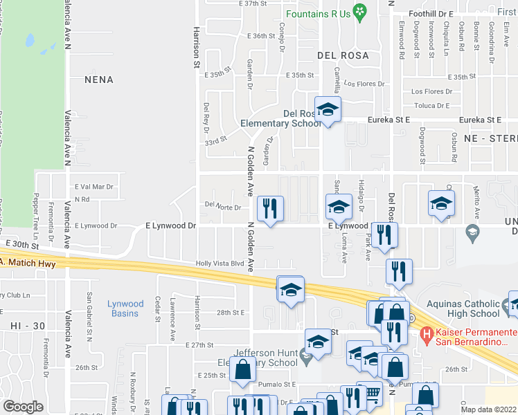 map of restaurants, bars, coffee shops, grocery stores, and more near 3125 Golden Avenue in San Bernardino