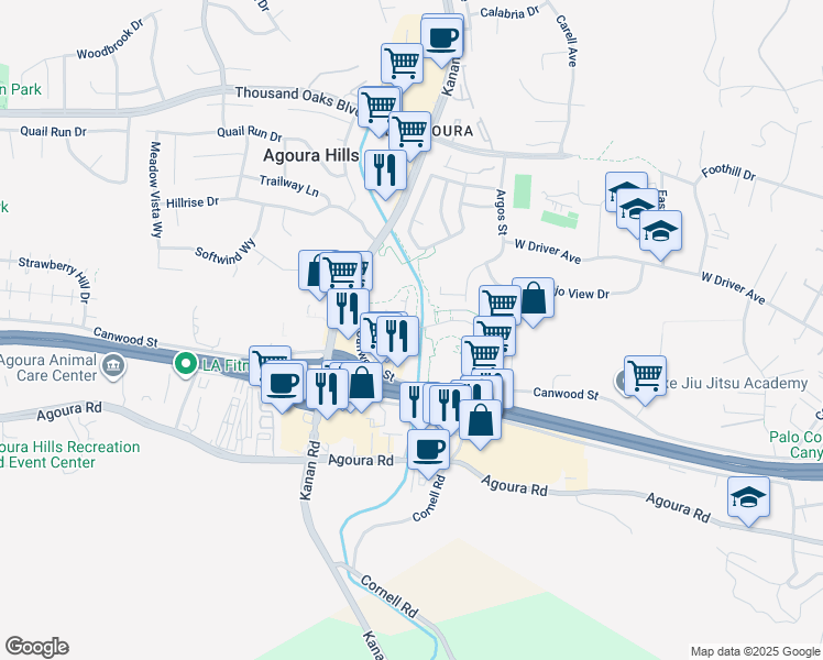 map of restaurants, bars, coffee shops, grocery stores, and more near 29085 Oak Creek Lane in Agoura Hills