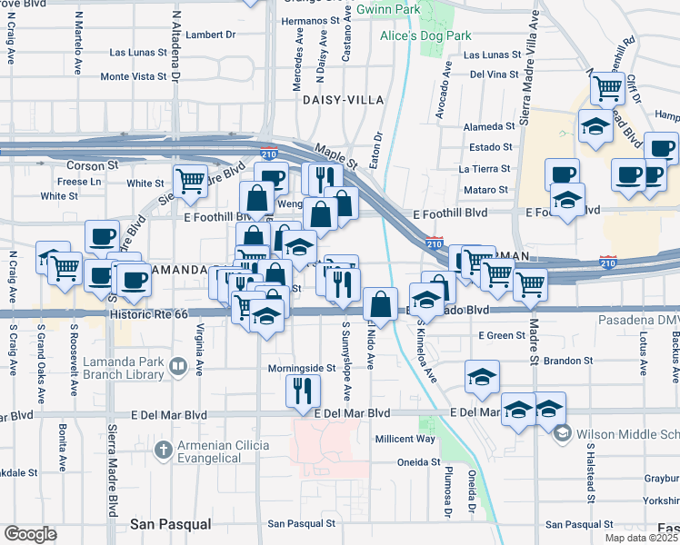 map of restaurants, bars, coffee shops, grocery stores, and more near 2895 Nina Street in Pasadena