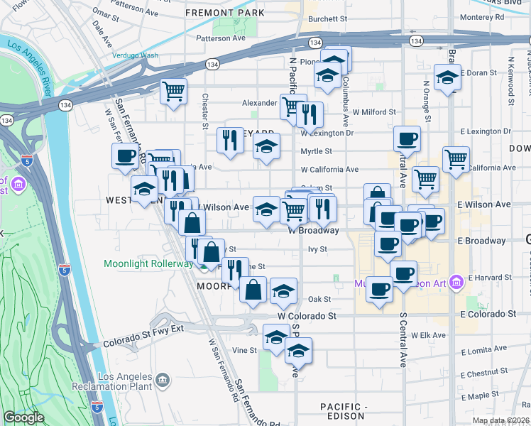 map of restaurants, bars, coffee shops, grocery stores, and more near 540 West Wilson Avenue in Glendale