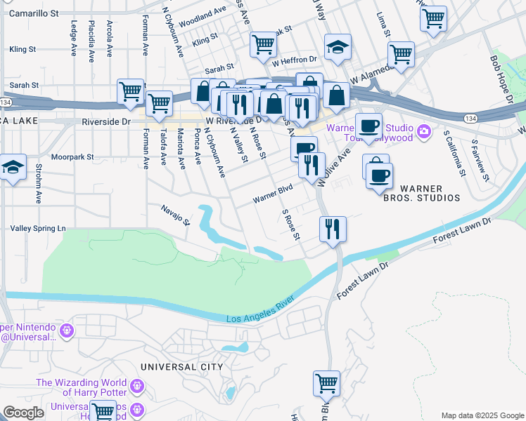 map of restaurants, bars, coffee shops, grocery stores, and more near 112 South Valley Street in Burbank