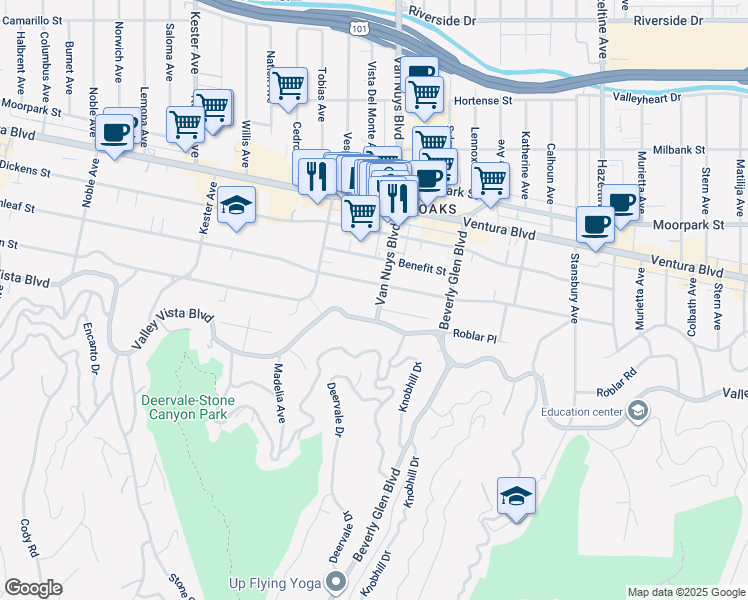 map of restaurants, bars, coffee shops, grocery stores, and more near 14527 Valley Vista Boulevard in Los Angeles