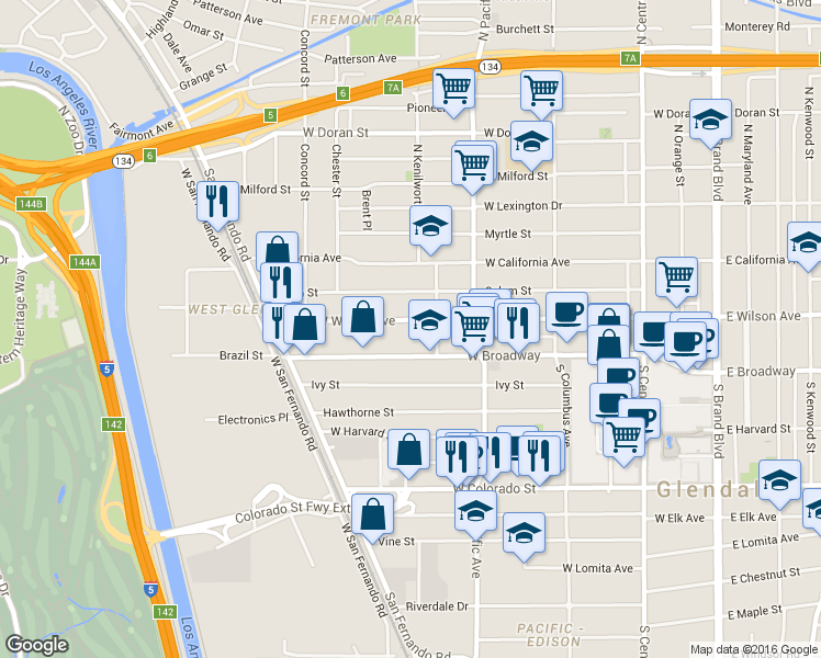 map of restaurants, bars, coffee shops, grocery stores, and more near 604 West Wilson Avenue in Glendale