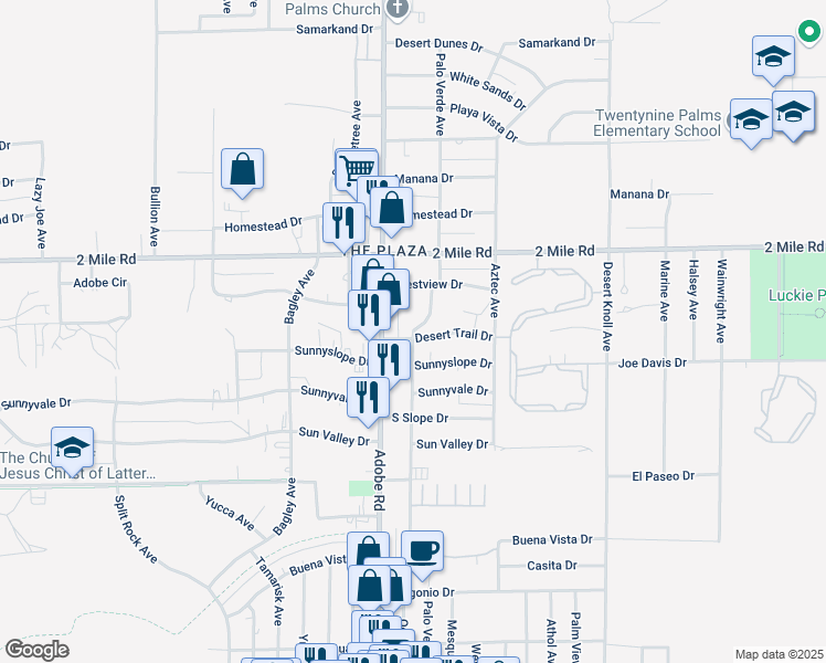 map of restaurants, bars, coffee shops, grocery stores, and more near 5834 Desert Trail in Twentynine Palms