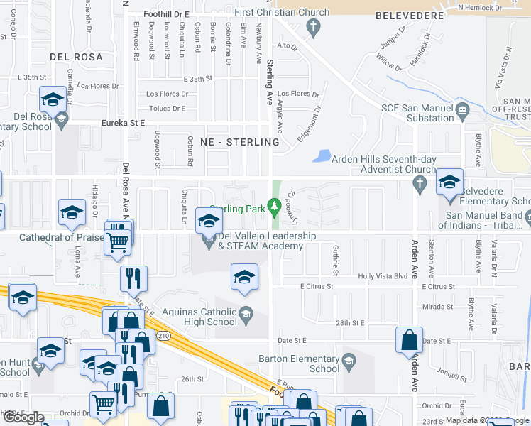 map of restaurants, bars, coffee shops, grocery stores, and more near 1974 East Lynwood Drive in San Bernardino