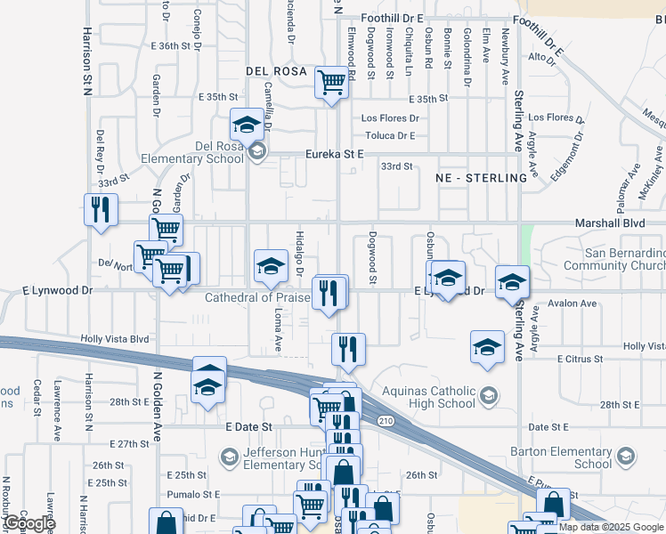 map of restaurants, bars, coffee shops, grocery stores, and more near 5856 Elmwood Road in San Bernardino