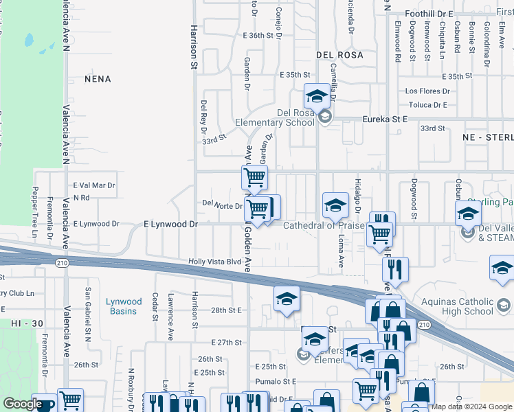 map of restaurants, bars, coffee shops, grocery stores, and more near 3119 North Golden Avenue in San Bernardino