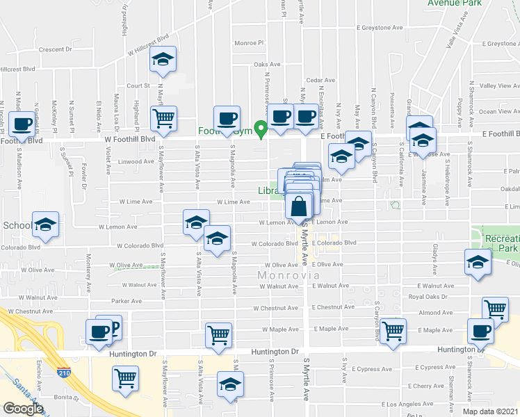 map of restaurants, bars, coffee shops, grocery stores, and more near 415 South Primrose Avenue in Monrovia