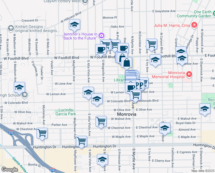 map of restaurants, bars, coffee shops, grocery stores, and more near 245 West Lemon Avenue in Monrovia