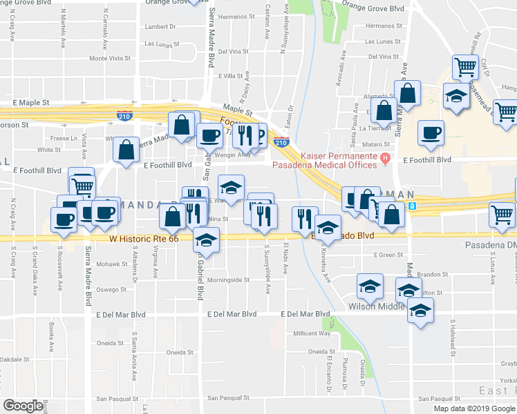 map of restaurants, bars, coffee shops, grocery stores, and more near 2895 Nina Street in Pasadena
