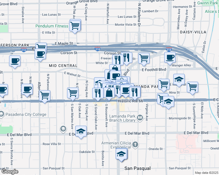 map of restaurants, bars, coffee shops, grocery stores, and more near 76 North Roosevelt Avenue in Pasadena