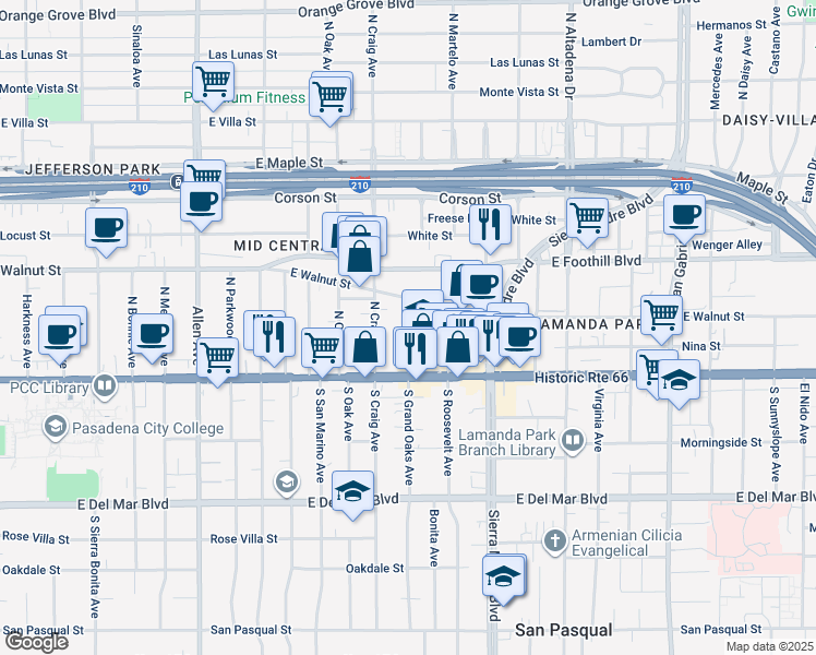 map of restaurants, bars, coffee shops, grocery stores, and more near 79 North Grand Oaks Avenue in Pasadena