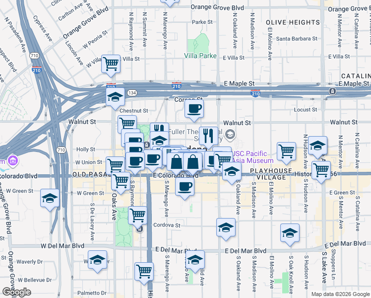 map of restaurants, bars, coffee shops, grocery stores, and more near in Pasadena