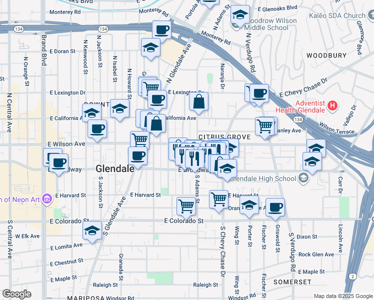map of restaurants, bars, coffee shops, grocery stores, and more near 135 North Adams Street in Glendale