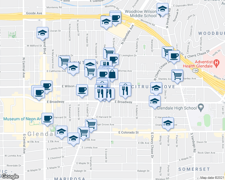 map of restaurants, bars, coffee shops, grocery stores, and more near 128 North Everett Street in Glendale