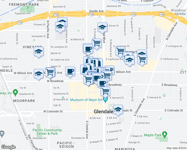 map of restaurants, bars, coffee shops, grocery stores, and more near in Glendale
