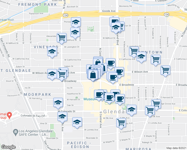 map of restaurants, bars, coffee shops, grocery stores, and more near in Glendale