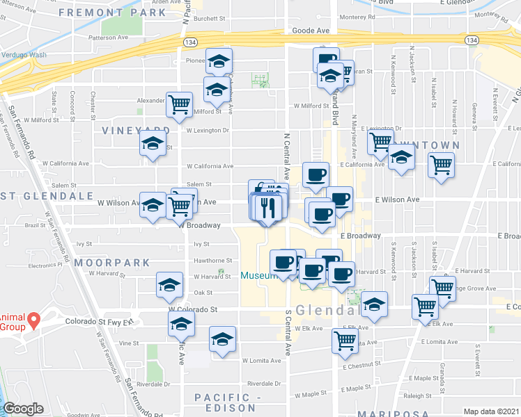 map of restaurants, bars, coffee shops, grocery stores, and more near 346 West Wilson Avenue in Glendale