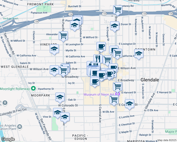 map of restaurants, bars, coffee shops, grocery stores, and more near 346 West Wilson Avenue in Glendale