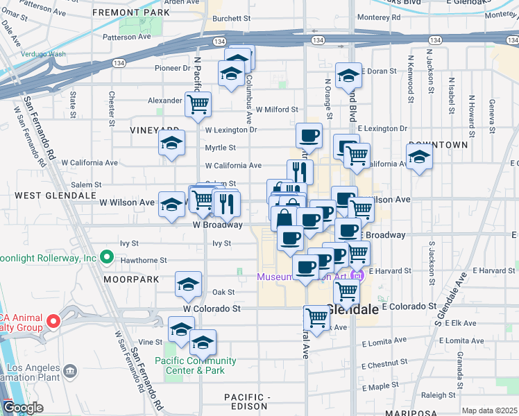 map of restaurants, bars, coffee shops, grocery stores, and more near 117 North Columbus Avenue in Glendale