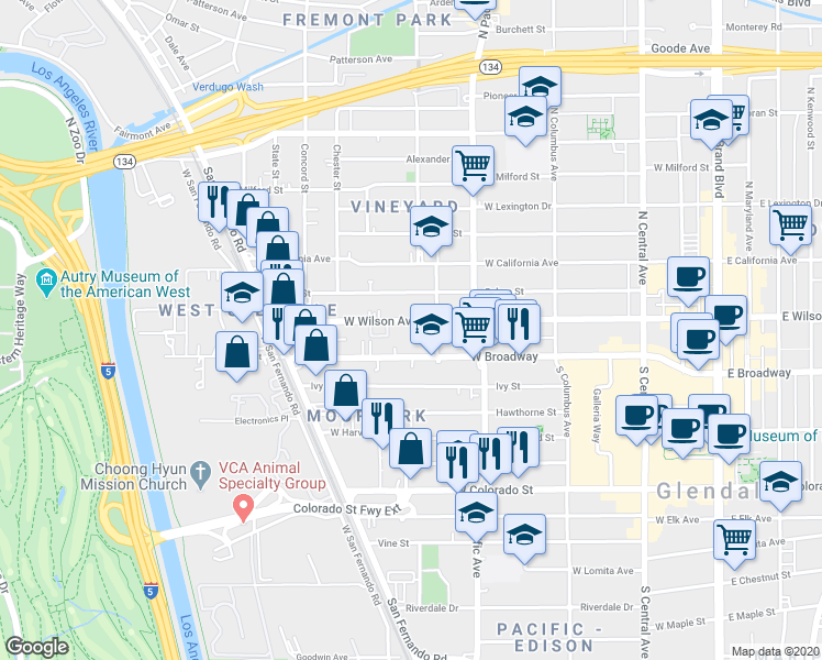 map of restaurants, bars, coffee shops, grocery stores, and more near 616 West Wilson Avenue in Glendale