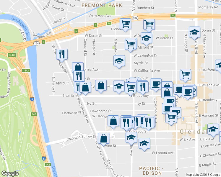 map of restaurants, bars, coffee shops, grocery stores, and more near 616 West Wilson Avenue in Glendale