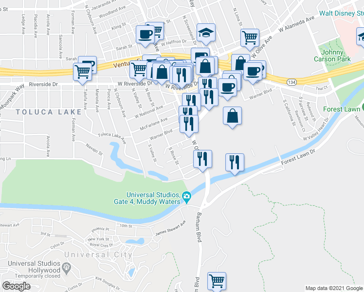 map of restaurants, bars, coffee shops, grocery stores, and more near 4301 West Olive Avenue in Burbank