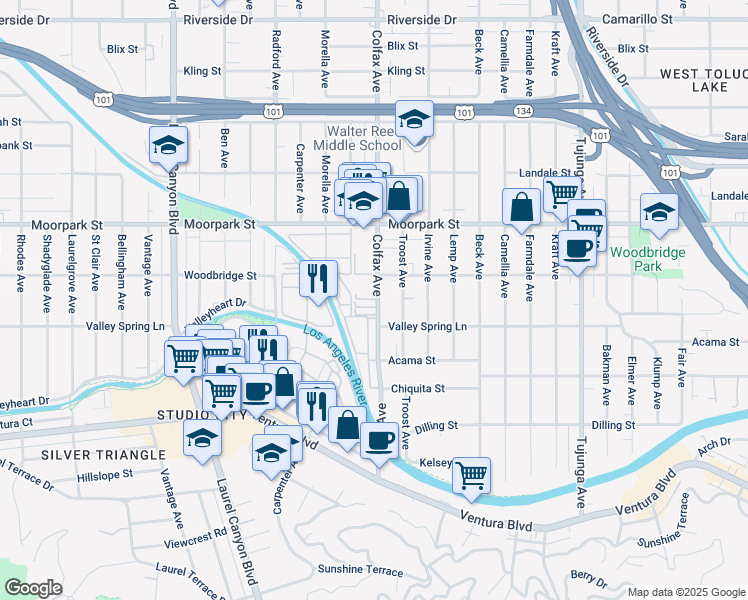 map of restaurants, bars, coffee shops, grocery stores, and more near 4294 Colfax Avenue in Los Angeles