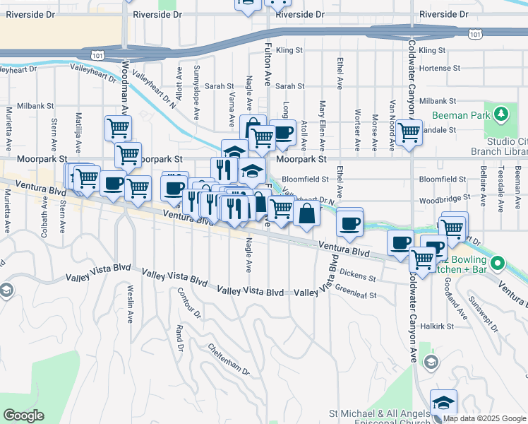 map of restaurants, bars, coffee shops, grocery stores, and more near 13312 Woodbridge Street in Los Angeles