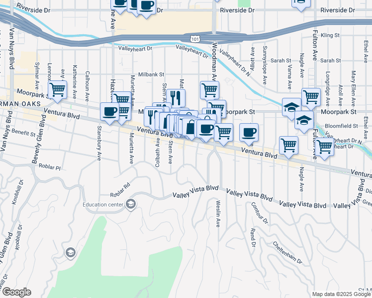 map of restaurants, bars, coffee shops, grocery stores, and more near 4233 Matilija Avenue in Los Angeles