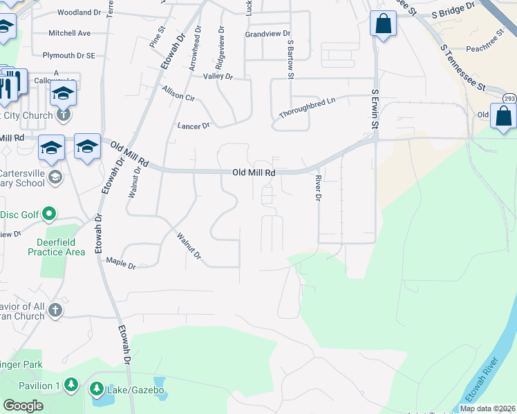 map of restaurants, bars, coffee shops, grocery stores, and more near 150 Old Mill Road in Cartersville