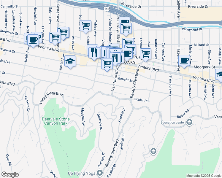 map of restaurants, bars, coffee shops, grocery stores, and more near 4227 Van Nuys Boulevard in Los Angeles