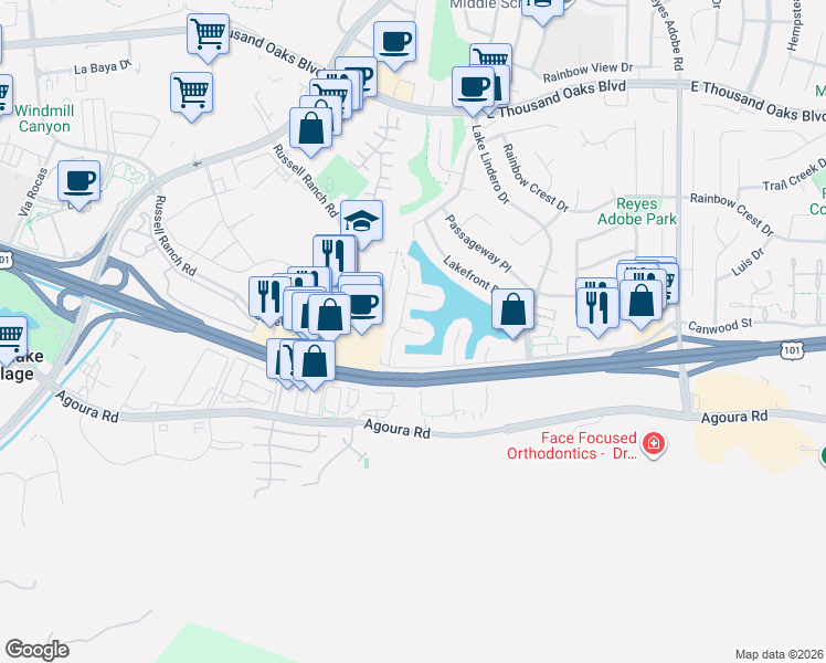 map of restaurants, bars, coffee shops, grocery stores, and more near 30704 Davey Jones Drive in Agoura Hills