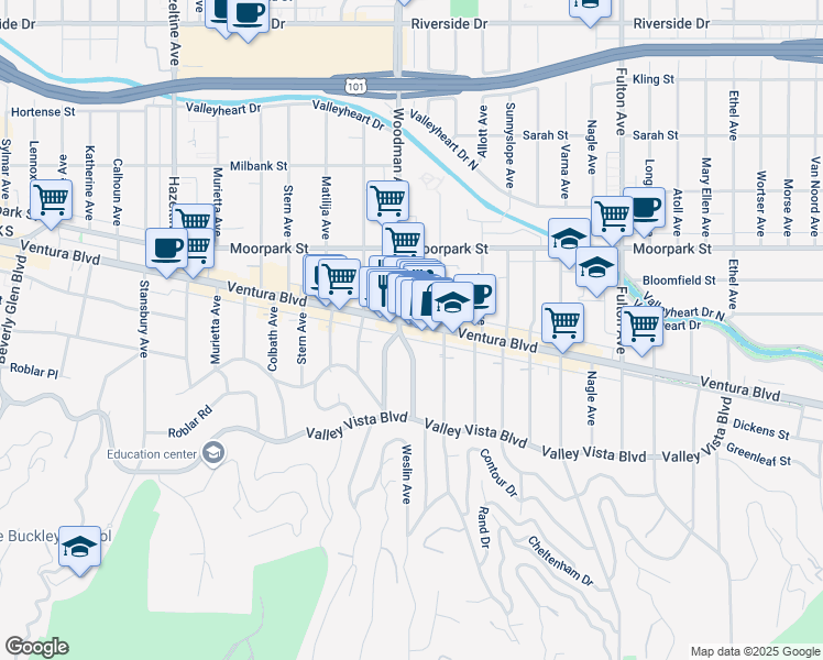 map of restaurants, bars, coffee shops, grocery stores, and more near 4236 Woodman Avenue in Los Angeles