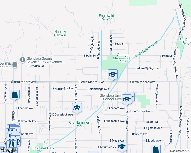 map of restaurants, bars, coffee shops, grocery stores, and more near 830 Huerta Verde Road in Glendora