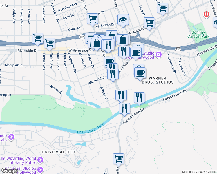 map of restaurants, bars, coffee shops, grocery stores, and more near 4301 West Olive Avenue in Burbank