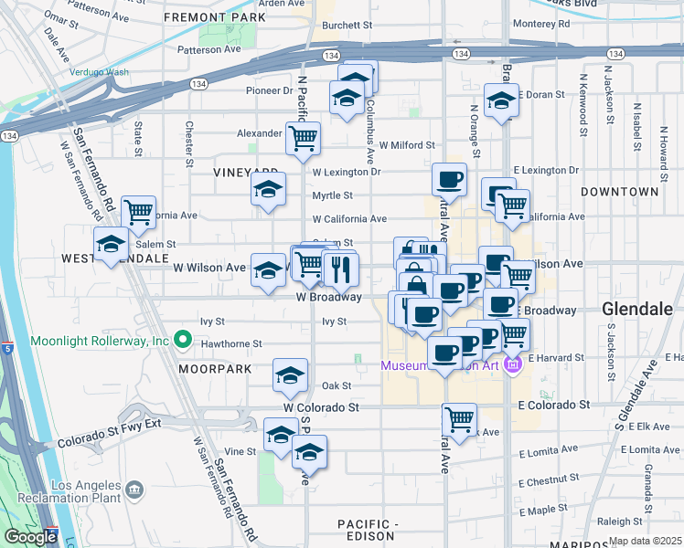 map of restaurants, bars, coffee shops, grocery stores, and more near 430 West Wilson Avenue in Glendale