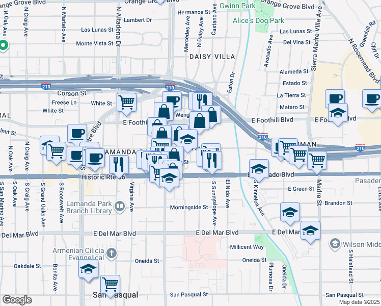 map of restaurants, bars, coffee shops, grocery stores, and more near 2822 East Walnut Street in Pasadena