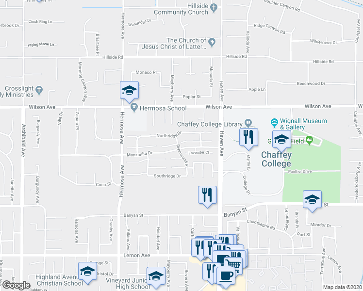 map of restaurants, bars, coffee shops, grocery stores, and more near 10339 Mahogany Court in Rancho Cucamonga