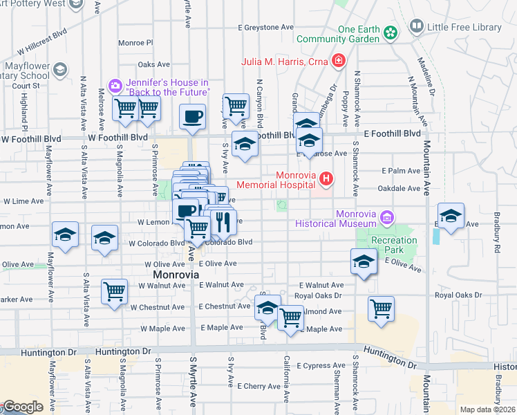 map of restaurants, bars, coffee shops, grocery stores, and more near 401 South Canyon Boulevard in Monrovia