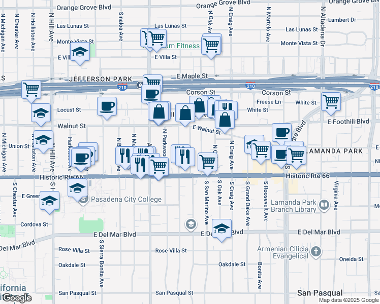 map of restaurants, bars, coffee shops, grocery stores, and more near North Berkeley Avenue in Pasadena
