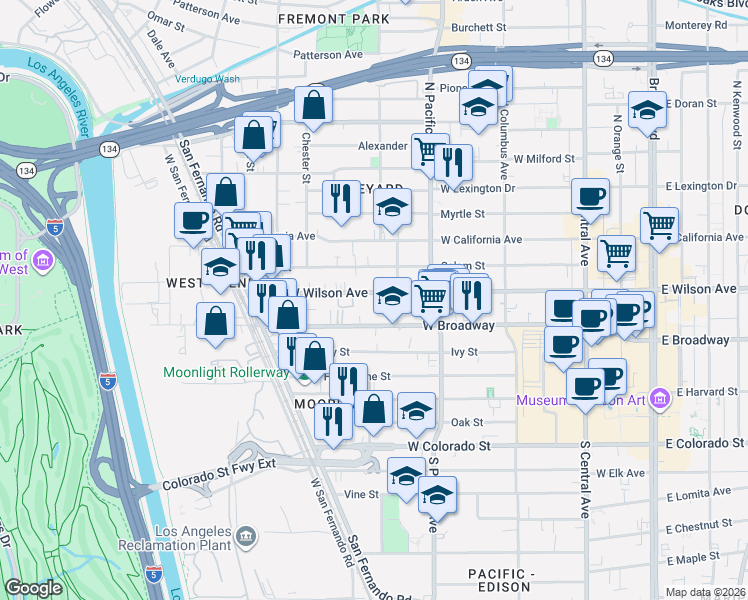 map of restaurants, bars, coffee shops, grocery stores, and more near 604 West Wilson Avenue in Glendale