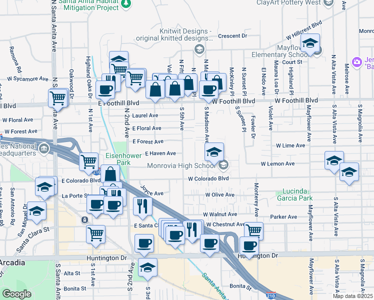 map of restaurants, bars, coffee shops, grocery stores, and more near 400 South 5th Avenue in Monrovia